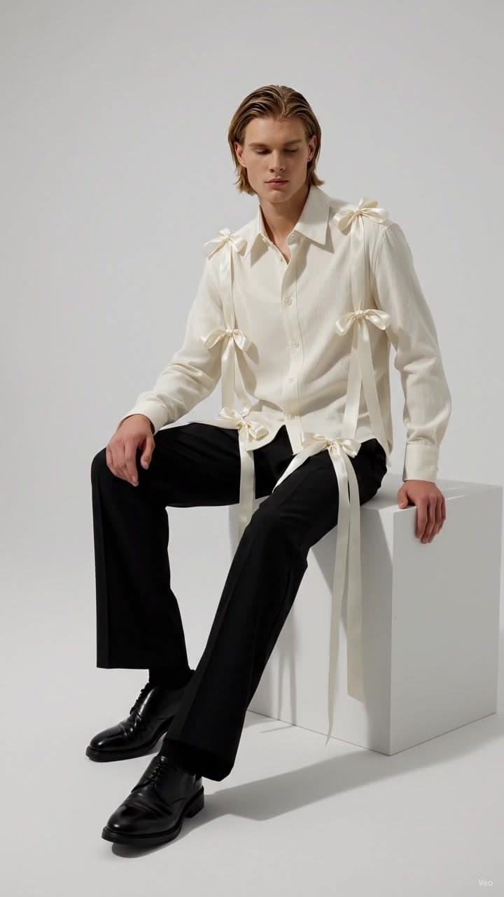F&S Atelier Ivory Bow Shirt worn by a model