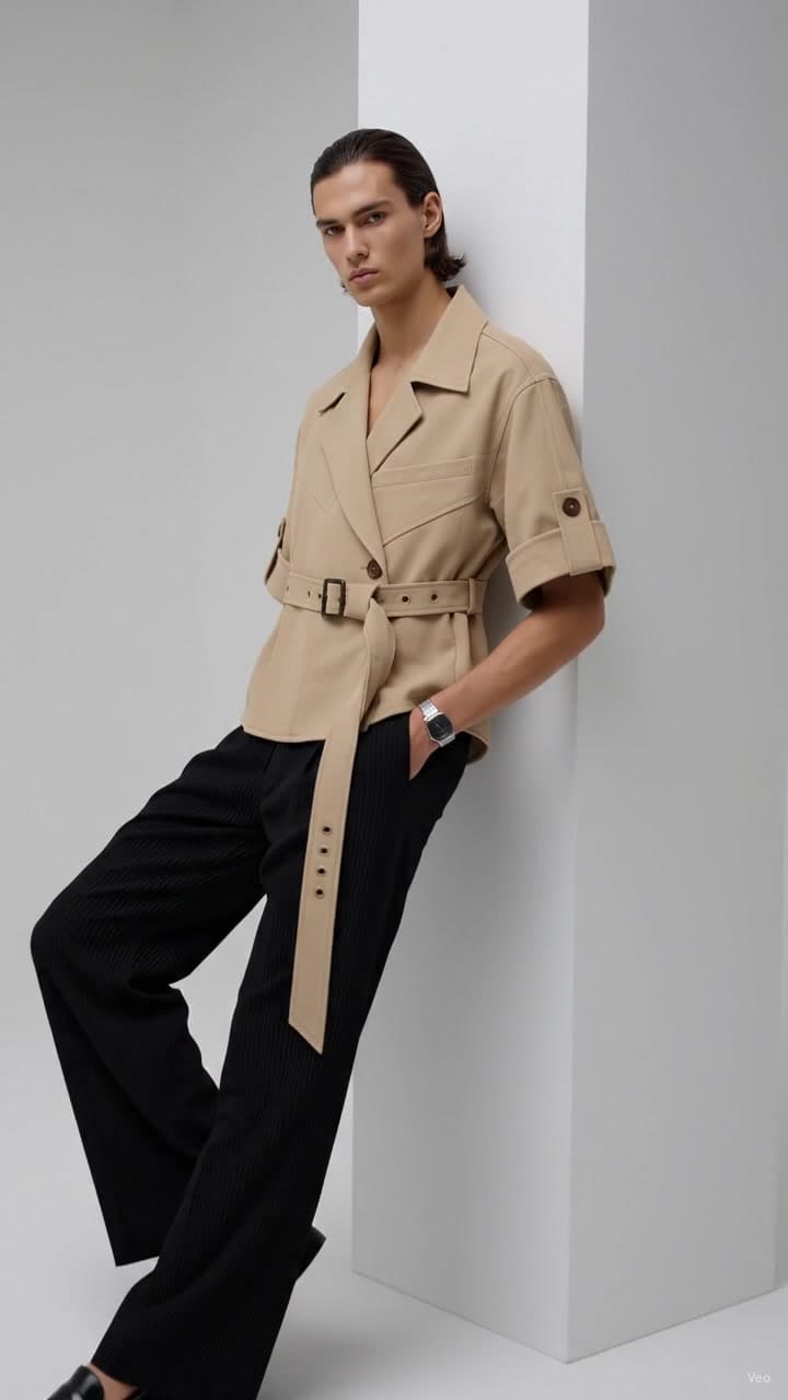 F&S Atelier Sandstone Belted Shirt Jacket worn by a model