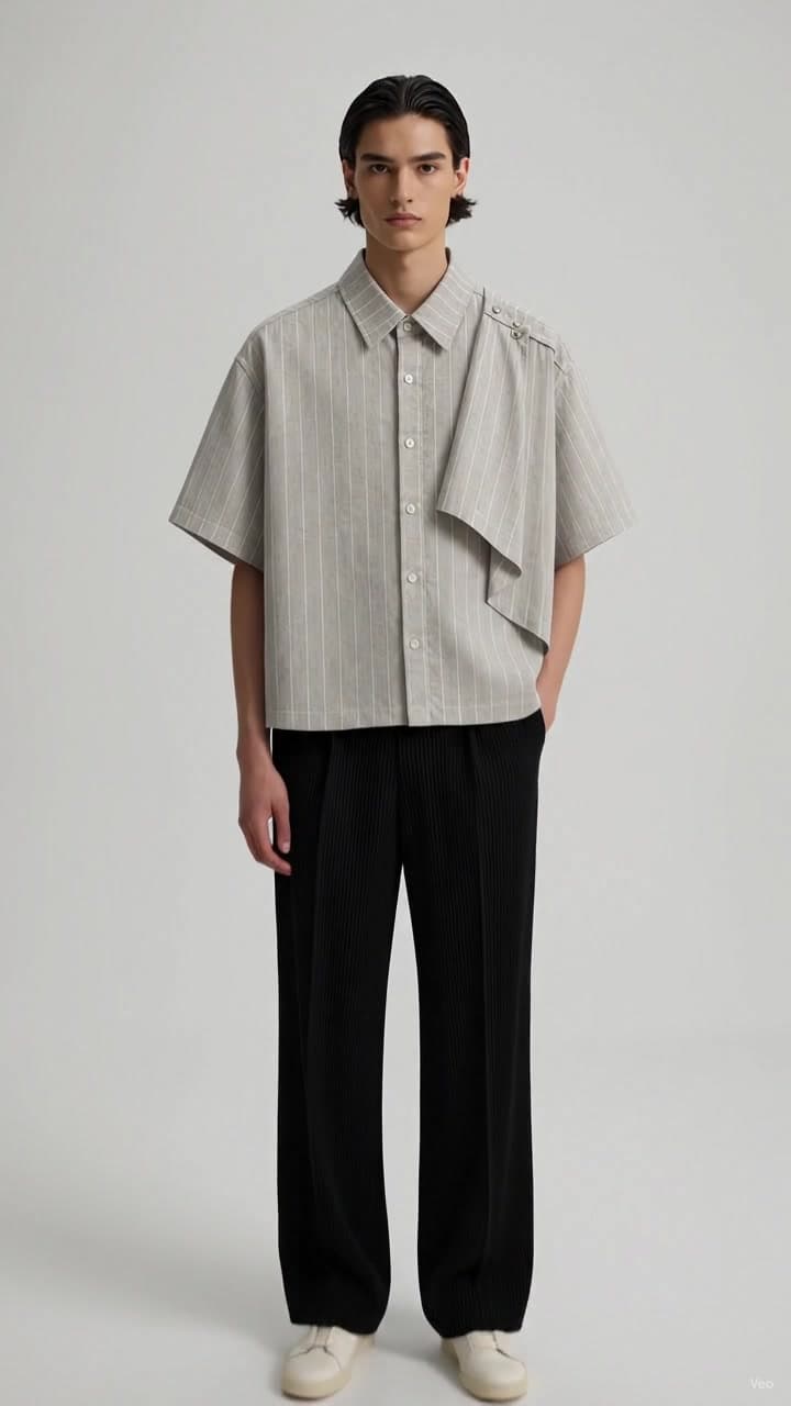 F&S Atelier Pearl Grey Draped Shirt worn by a model