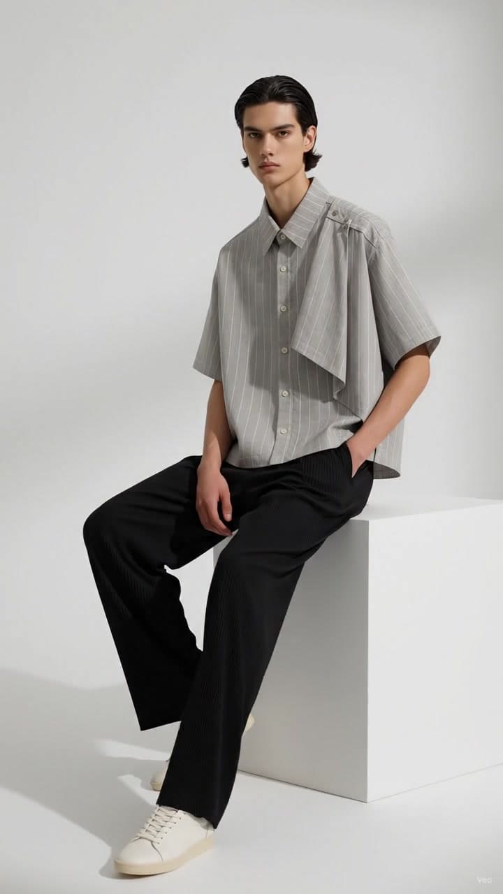 F&S Atelier Pearl Grey Draped Shirt worn by a model